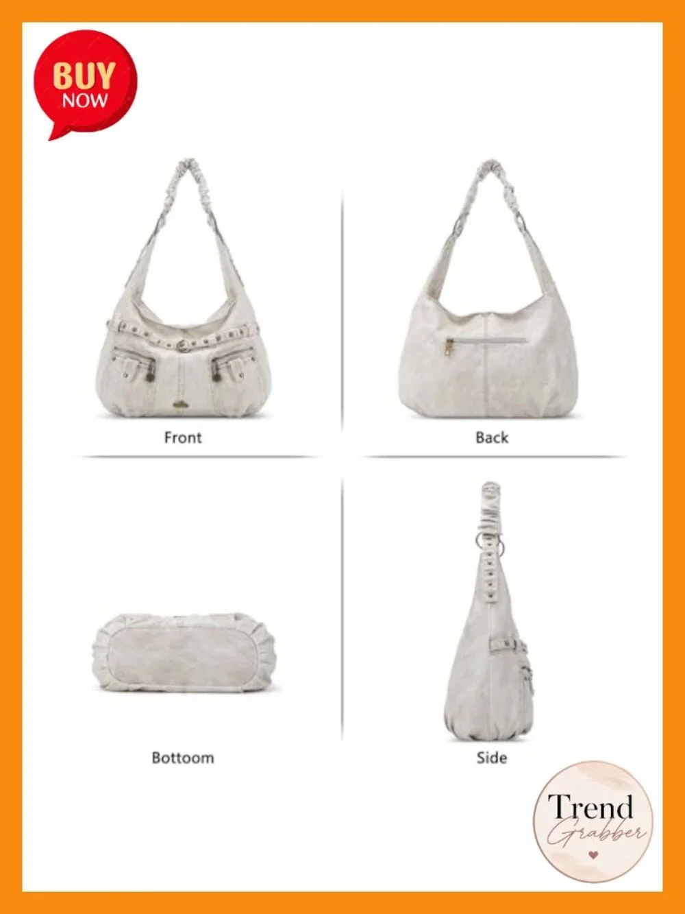 Large Hobo Shoulder Bag Faux Leather Multi-Pocket Tote Handbag with Studs